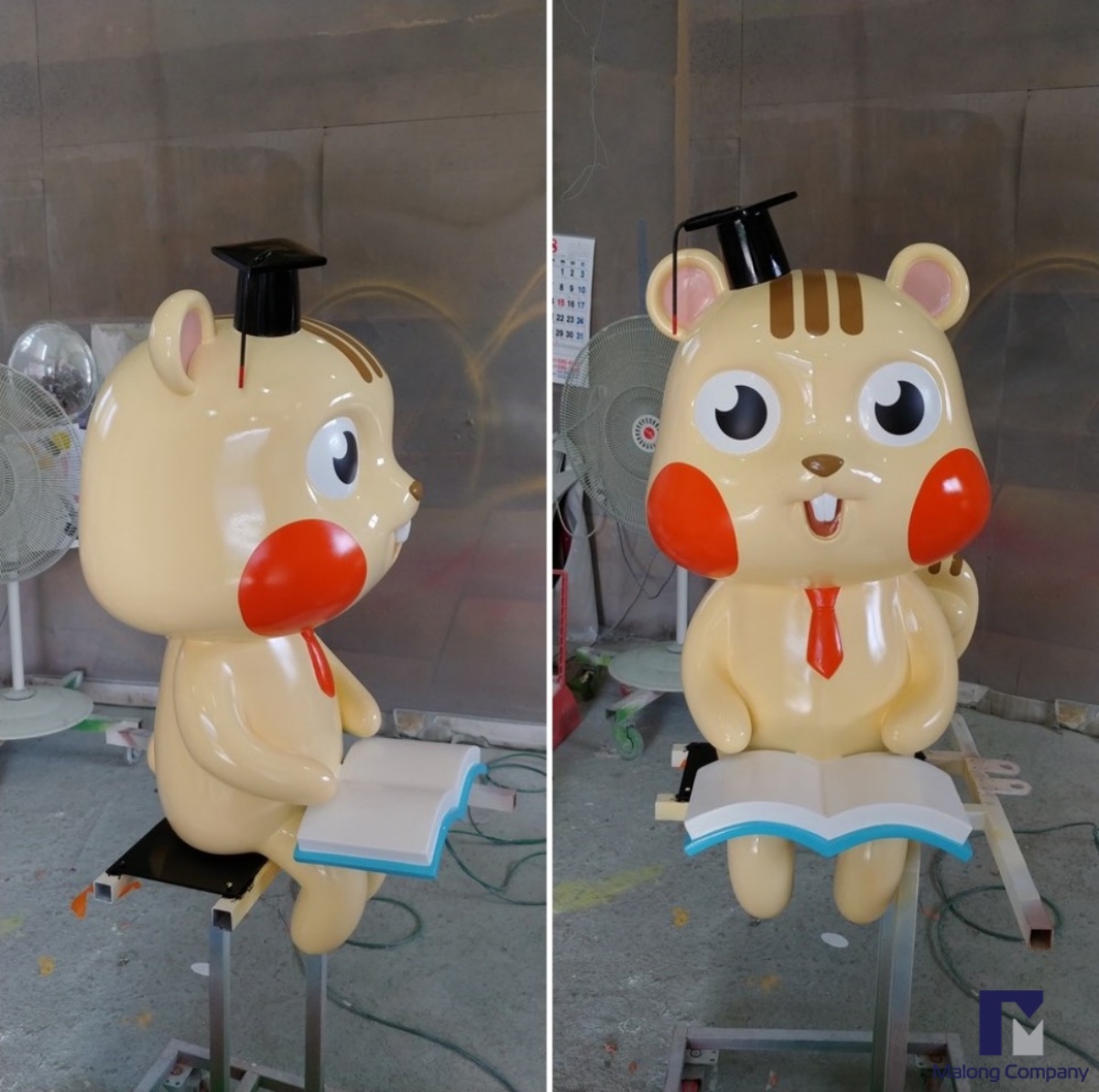[FRP 동물 조형물 제작] 금빛 도서관 책 읽는 다람쥐 캐릭터 조형물, FRP 벤치 캐릭터